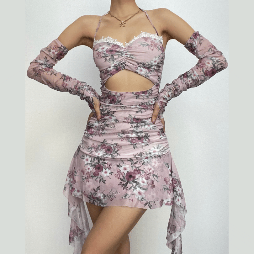 Floral Halter Neck Lace Trim Cut Out Ruched Ruffle Mini Dress