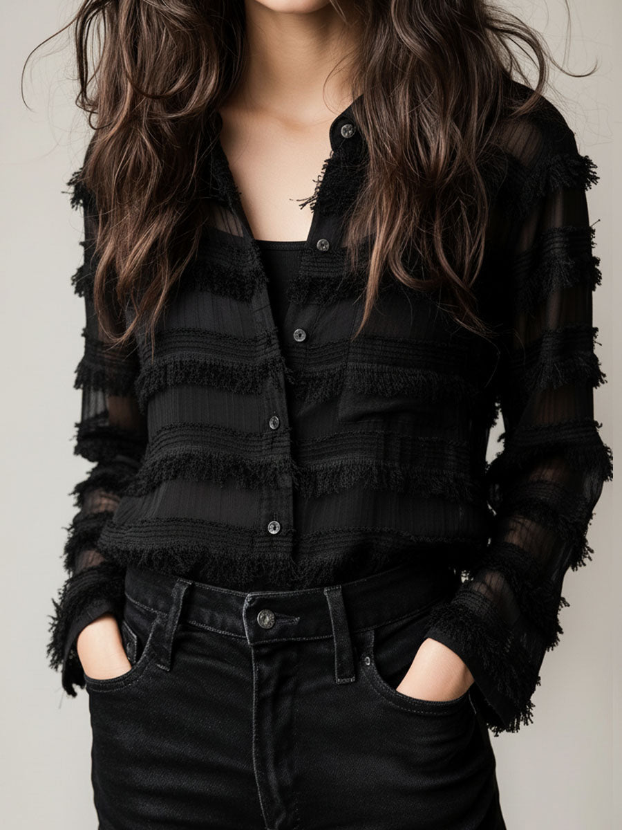 Chic Dual-Layer Black Sheer Textured Blouse & Satin Camisole Set