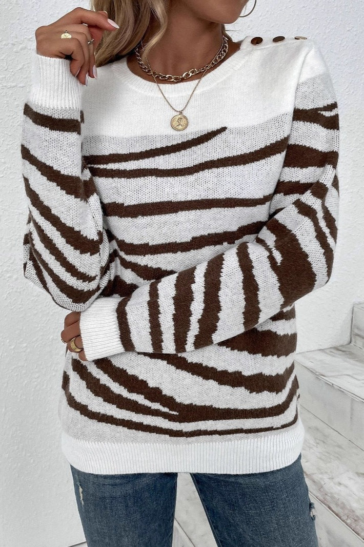 Zebra Colorblock Button Shoulder Sweater for Stylish Comfort