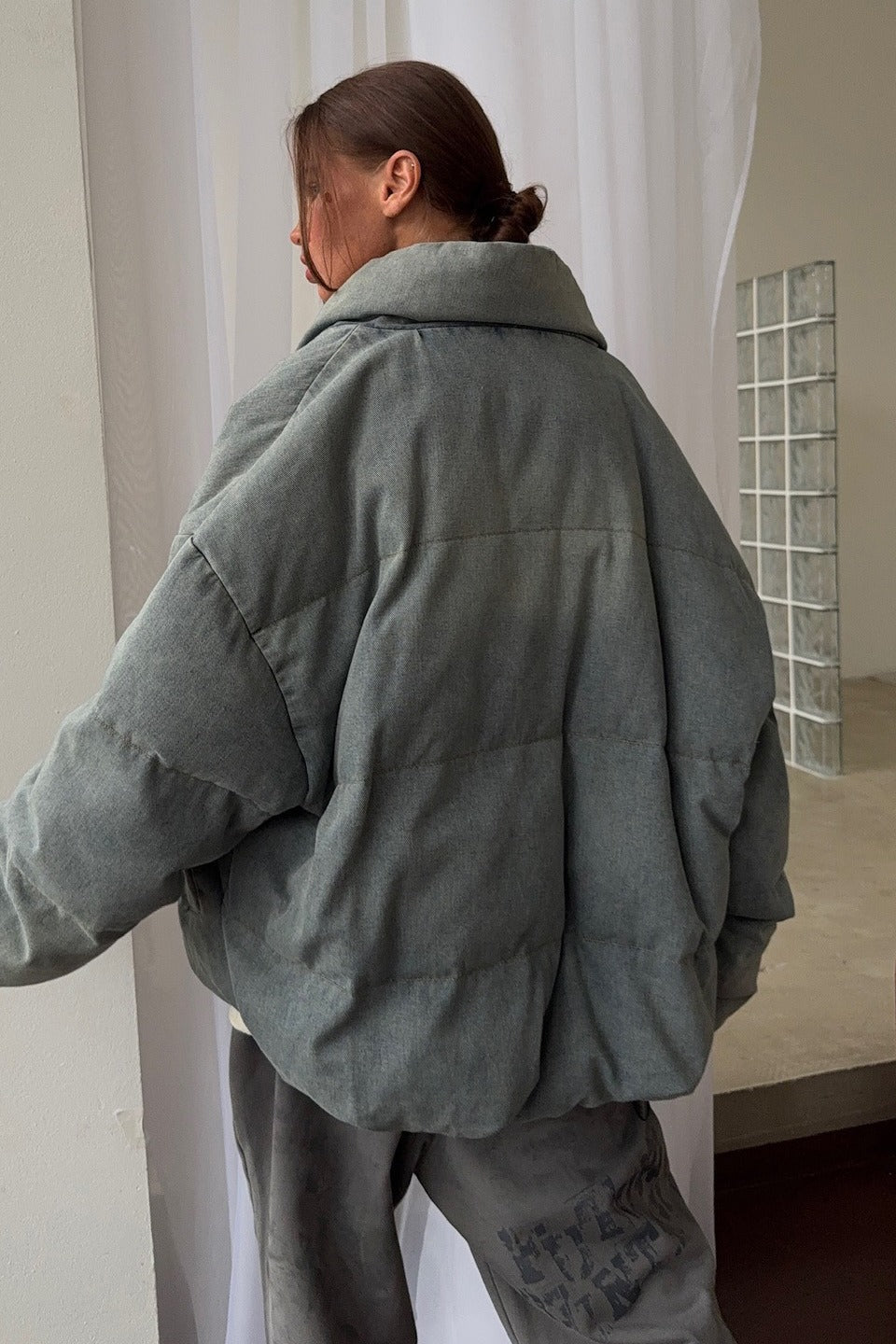 Washed Denim Stand Collar Puffer Jacket