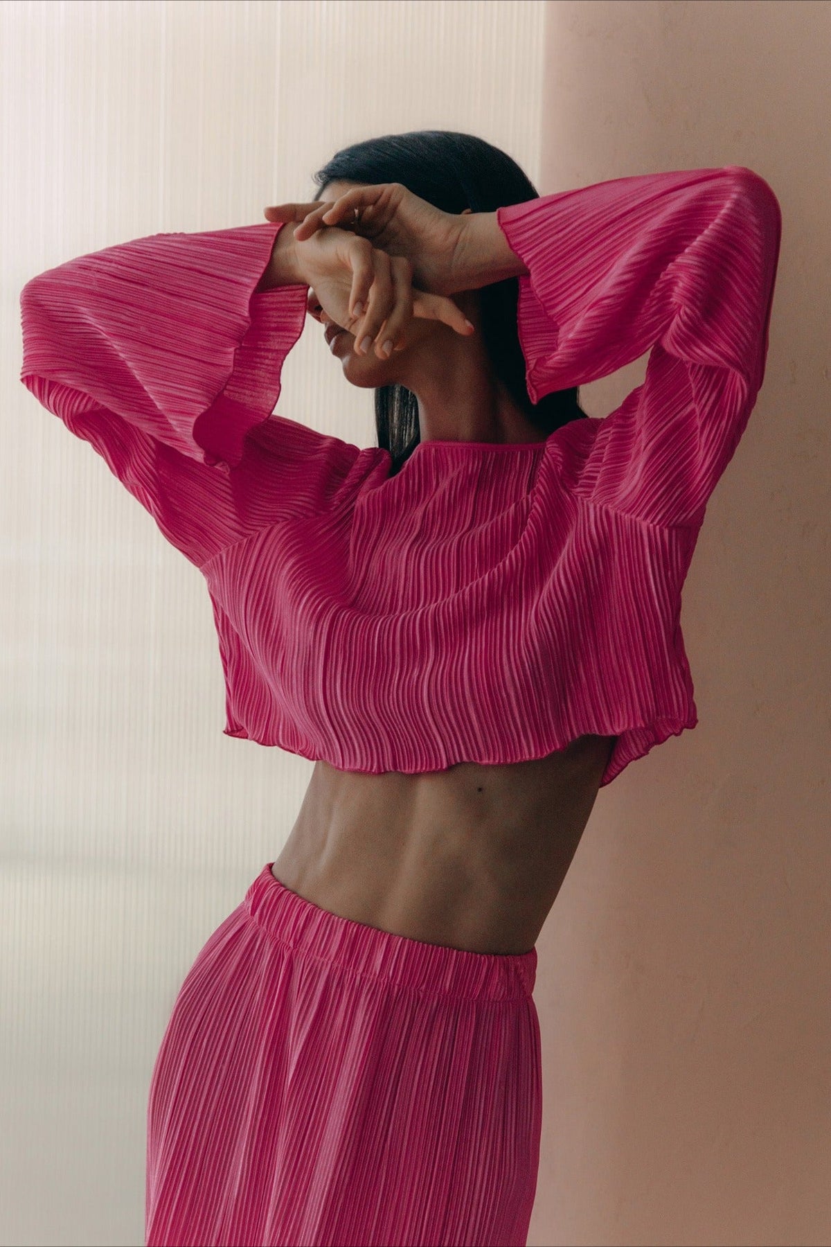 Pleated Flare Sleeve Crop Top Skirt Two Piece Set