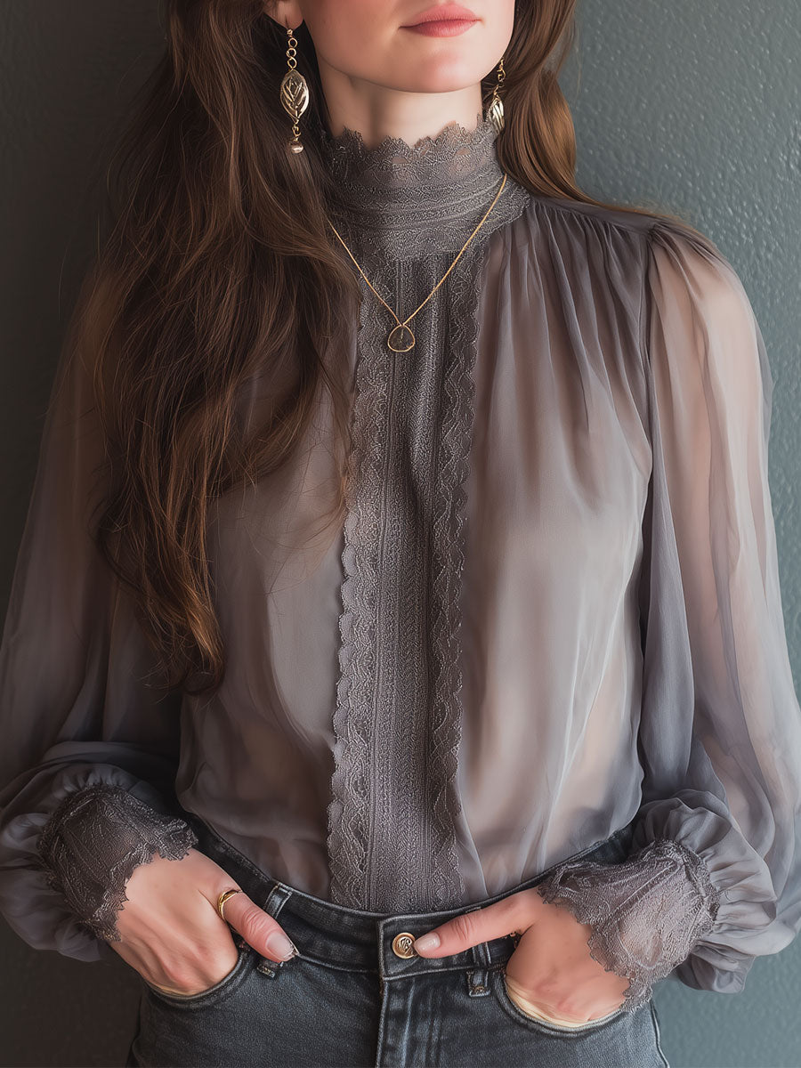 Elegant Chiffon Stand Collar Lace Splicing Blouse - Fashionpara