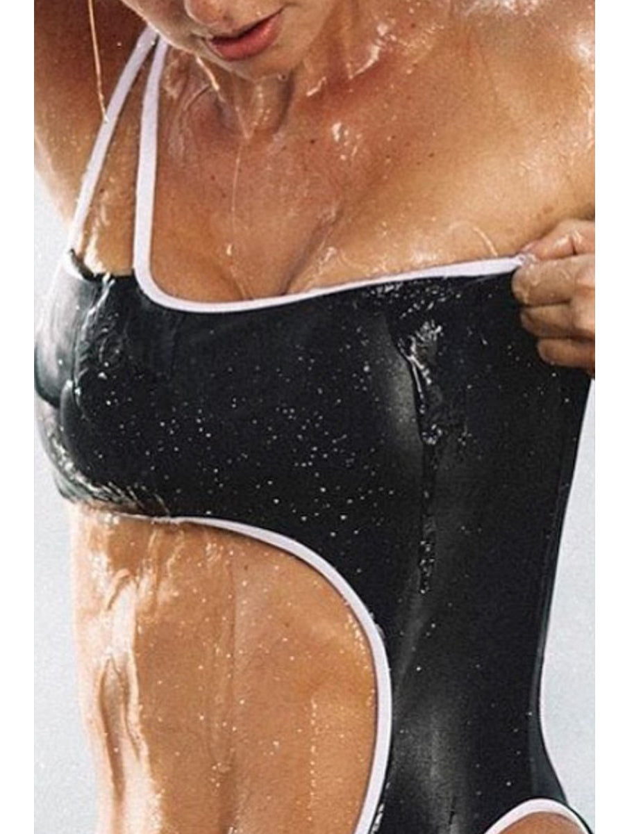 One Shoulder Cutout Patchwork Black One-piece Swimsuit - Fashionpara