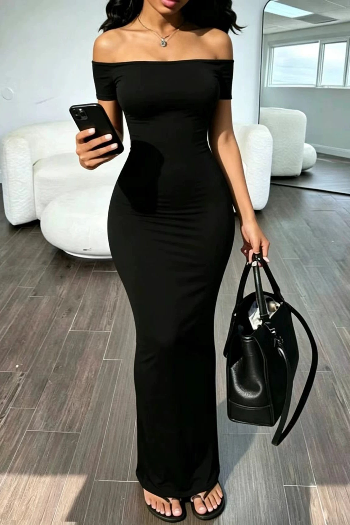 Off Shoulder Short Sleeve Bodycon Maxi Dress