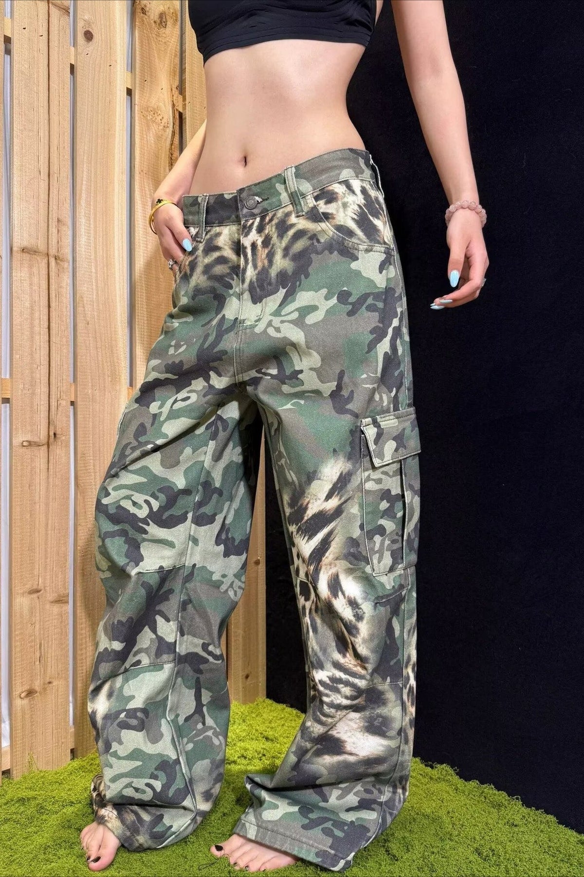 Deconstructed Camo Loose Fit Straight Leg Jeans