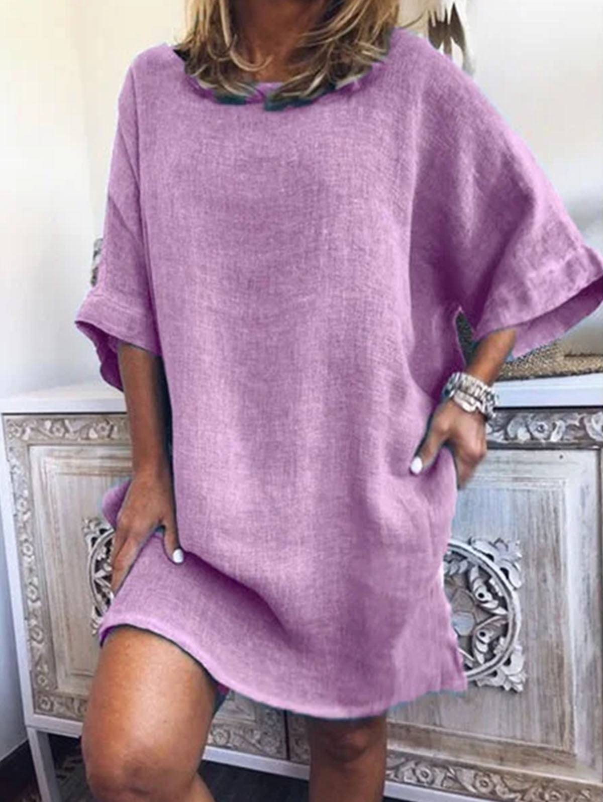 Linen Look Drop Shoulder Round Neck Pocket Relaxed Shift Mini Dress - View 3
