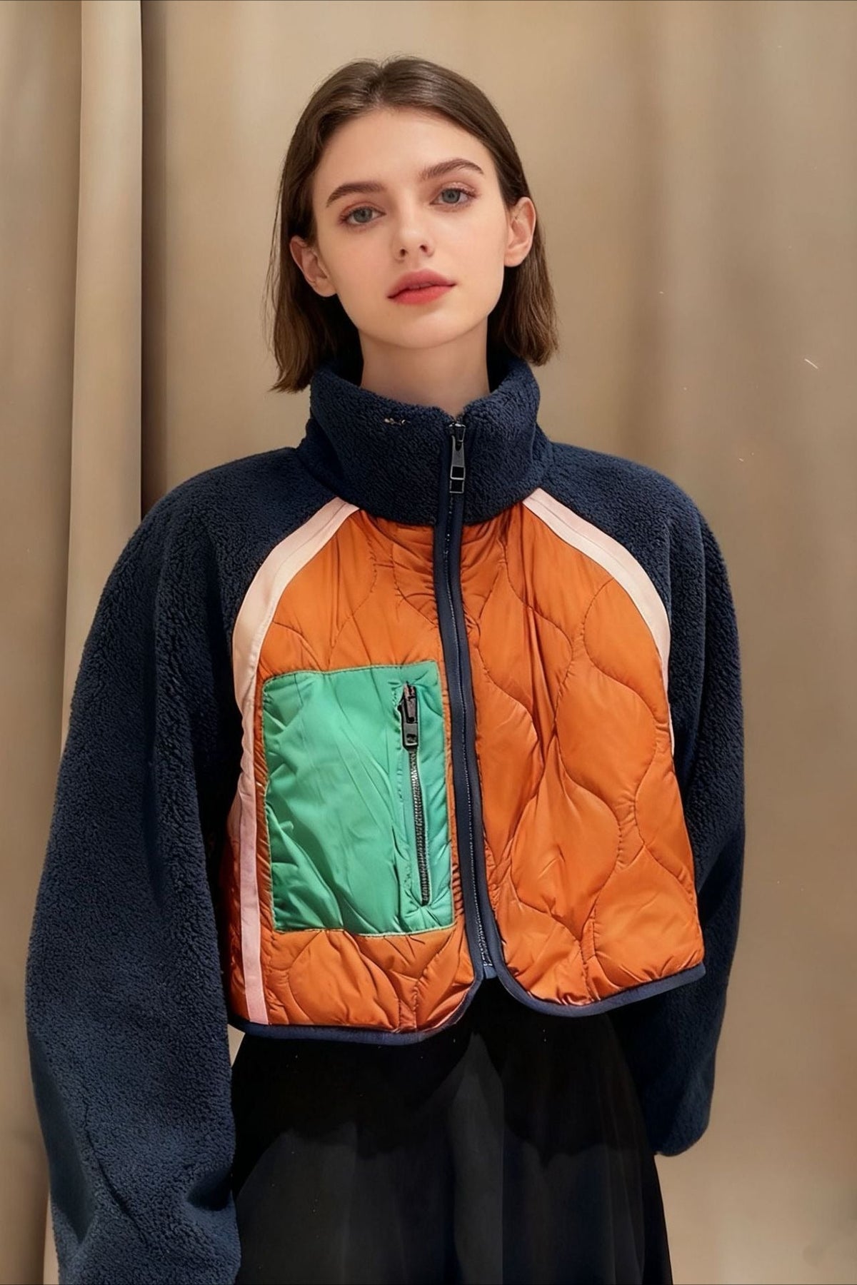 Paneled Cropped Fleece Jacket