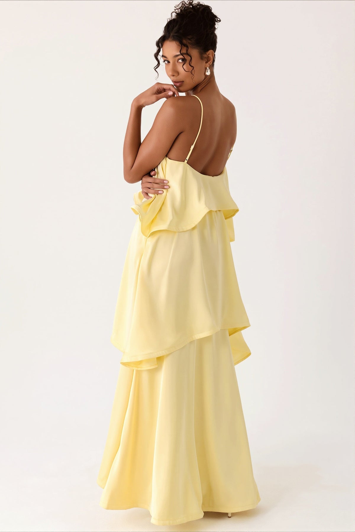Satin Tiered Ruffle Spaghetti Strap Maxi Dress