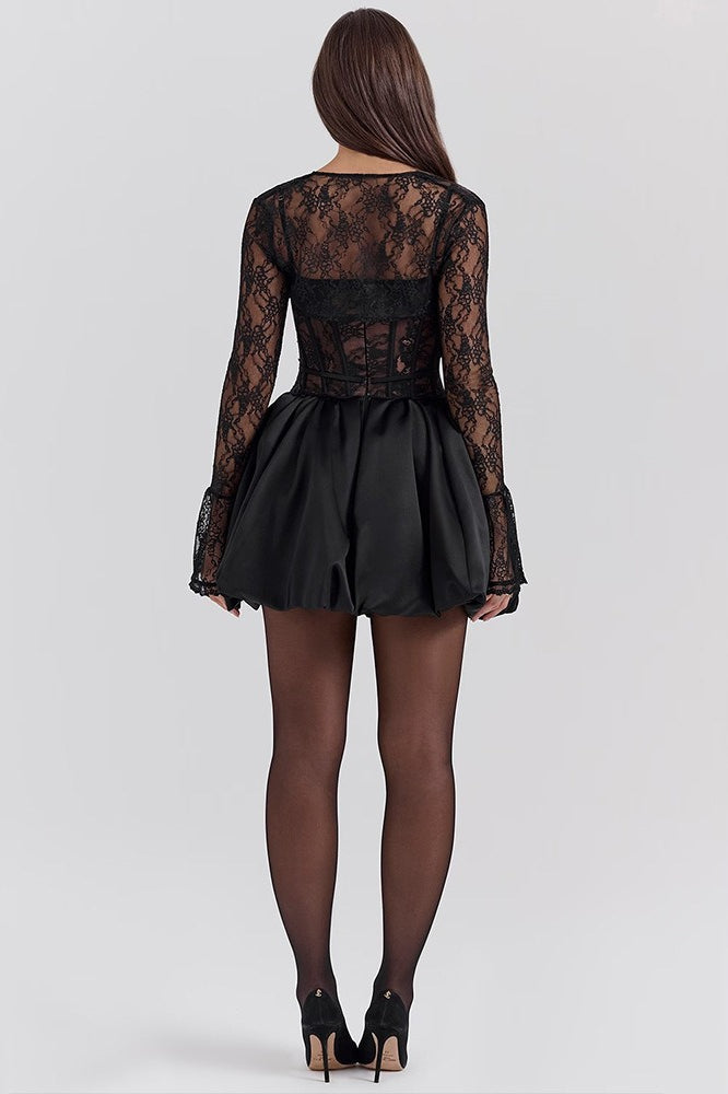 Long Sleeve Lace Corset Bustier Puffball Hem Mini Dress 6