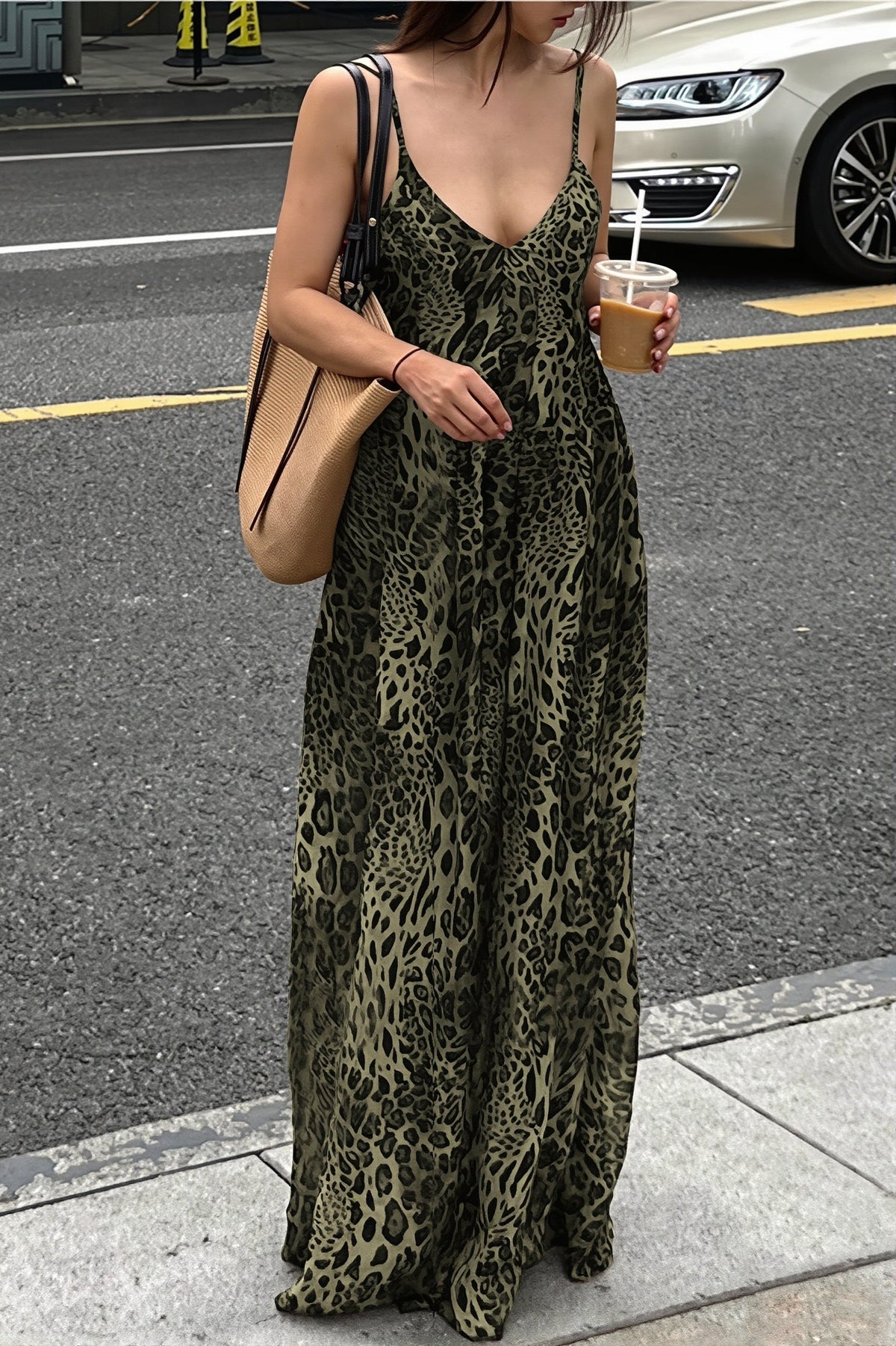 Leopard Print V-Neck Strappy Flowy Maxi Dress