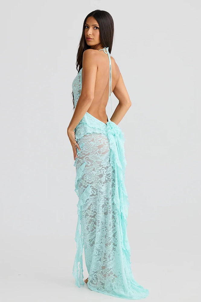 Sheer Lace Halter Neck Ruffle Backless Maxi Dress