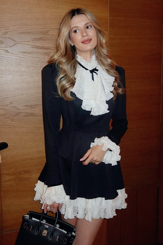 Ruffle Jabot High-Neck Bell Sleeve Tiered Mini Dress