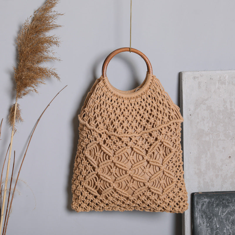 Rattan Handle Hollow Cotton Thread Bag
