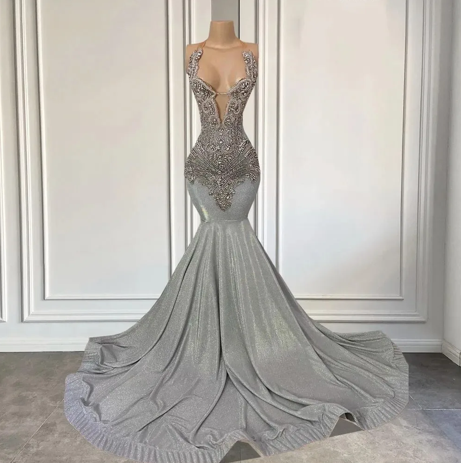 Gorgeous Long Silver Halter Mermaid Prom Dresses with Beads - Fashionpara