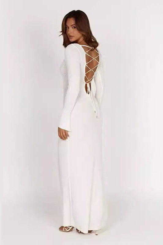 Knit Long Sleeve Lace-Up Back Bodycon Maxi Dress