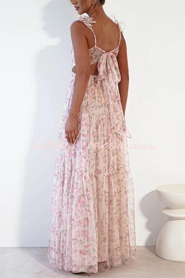 Garden Fairy Tulle Floral Ruffle Detail Cutout Waist Back Tie-up Maxi Dress - Fashionpara