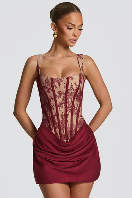 Square-Neck Lace Corset Ruched Satin Mini Dress