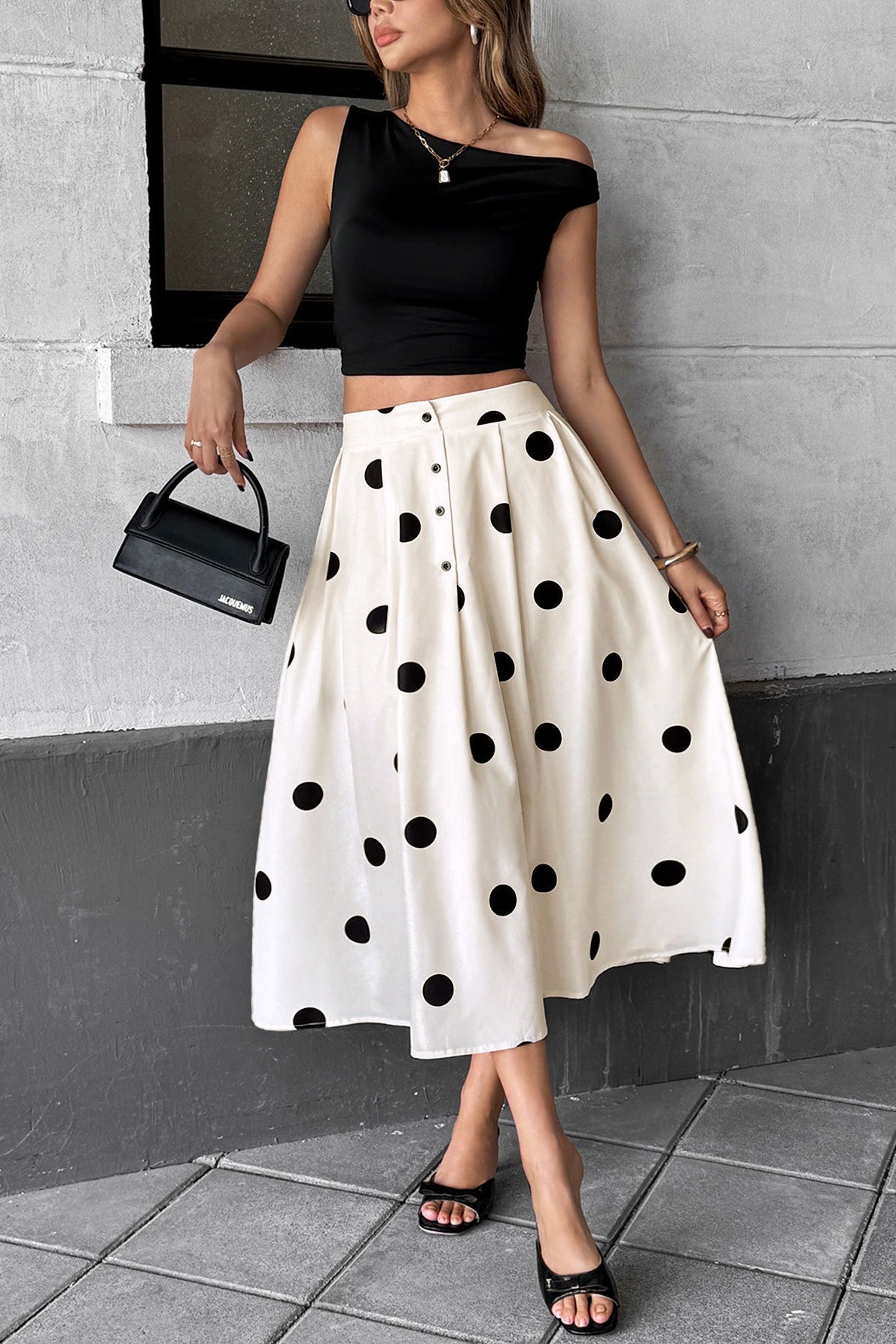Polka Dot Elastic Waist Skirt