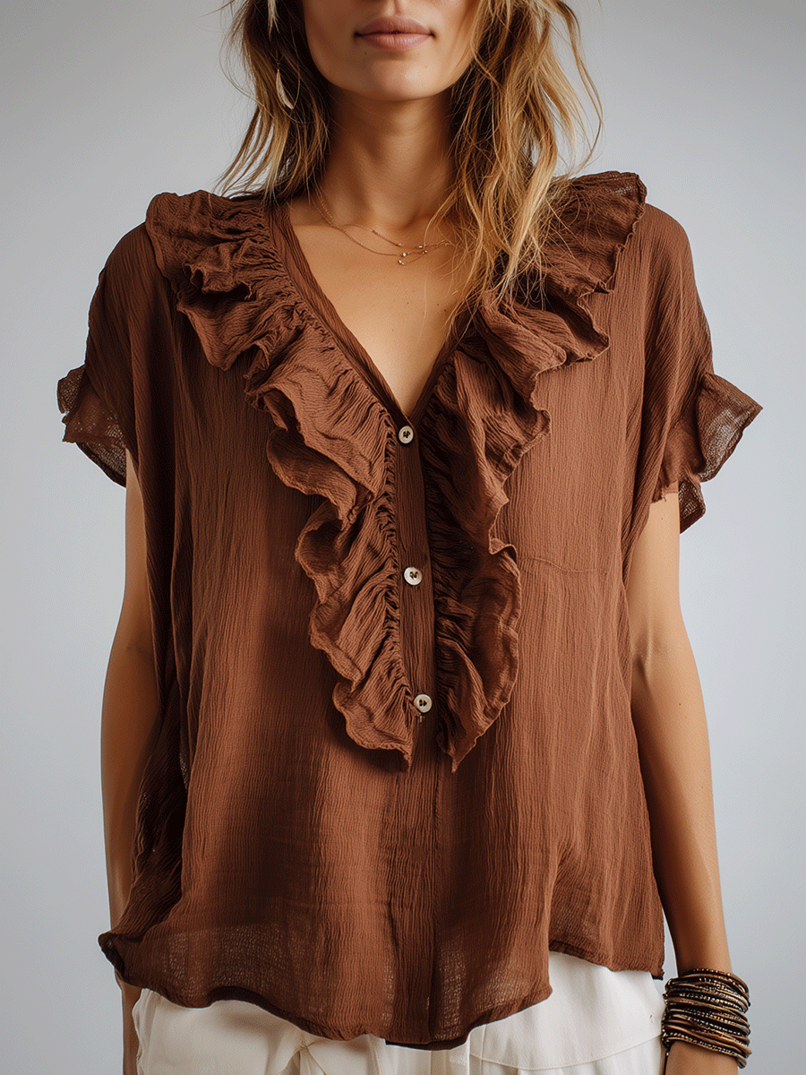 Vintage Brown Ruffled V-Neck Boho Blouse