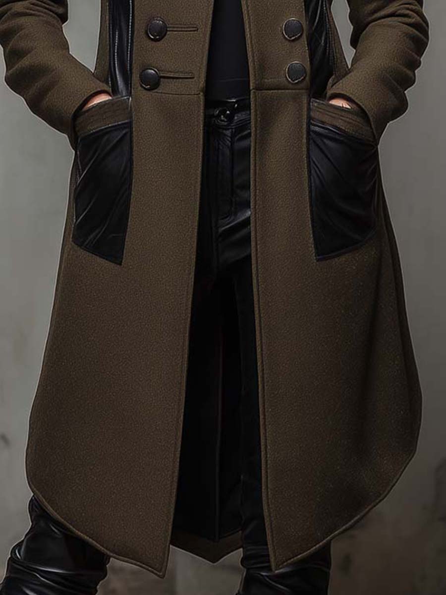 Military Green Long Coat With Black Contrast Panels - Fashionpara