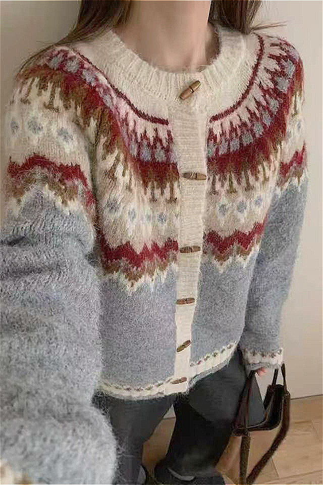 Fair Isle Knit Cardigan with Horn Buttons for Winter Style