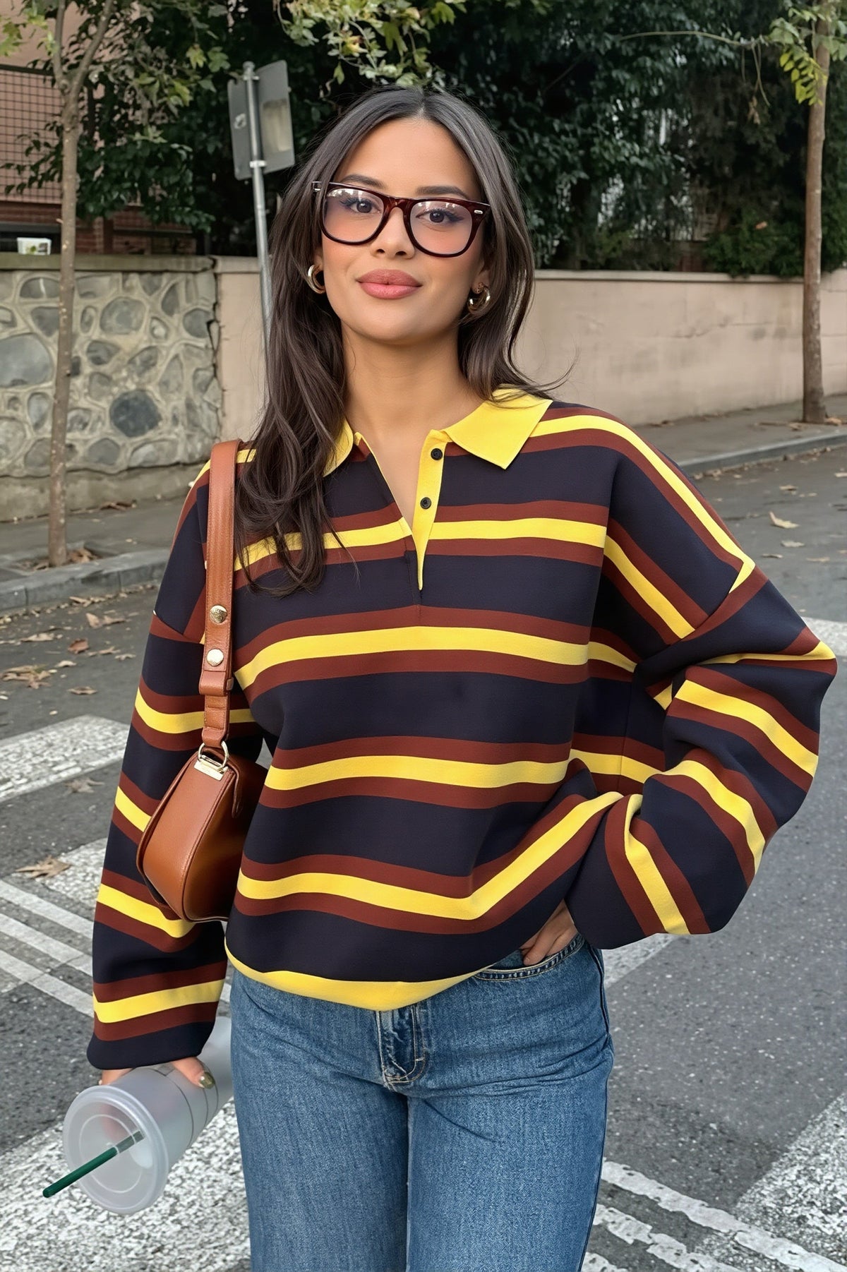 Striped Polo Collar Relaxed Sweater 2