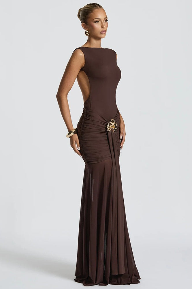 Sexy Solid Sleeveless Backless Ruched Waist Slit Formal Dress