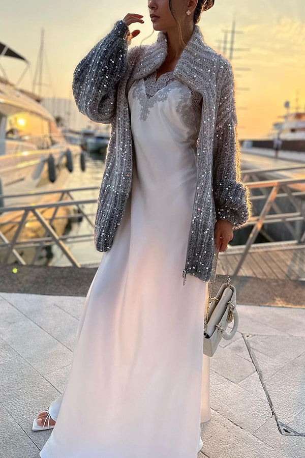 Chic Loose Knit Cardigan with Sequin Balloon Sleeves