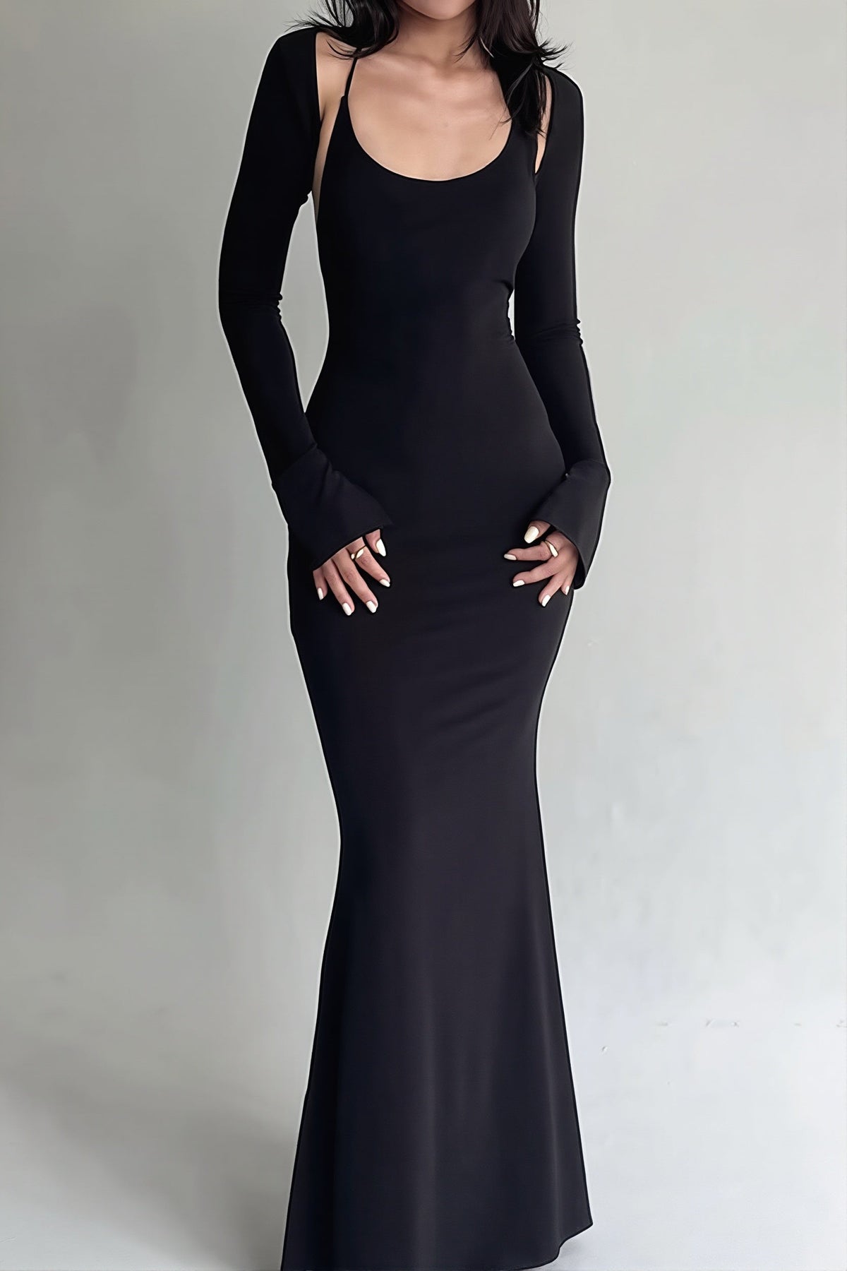 Scoop Neck Long Sleeve Cut Out Mermaid Gown