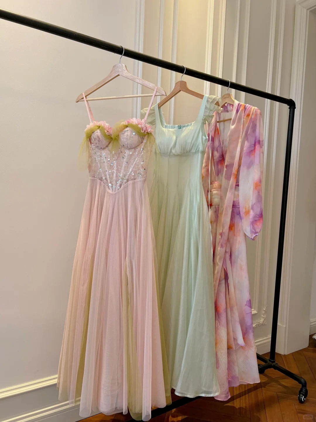 Sweet Pink A-line Suspenders Sequined Tulle Long Prom Dress Evening Dress Bridesmaid Dress P4049