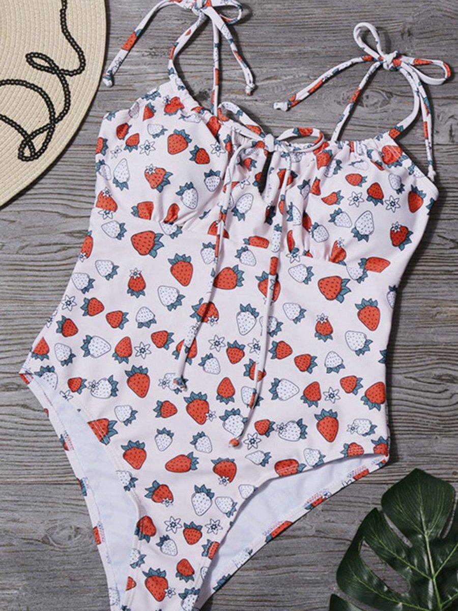 Spaghetti Strap Strawberry Print One-piece Swimsuit - Fashionpara