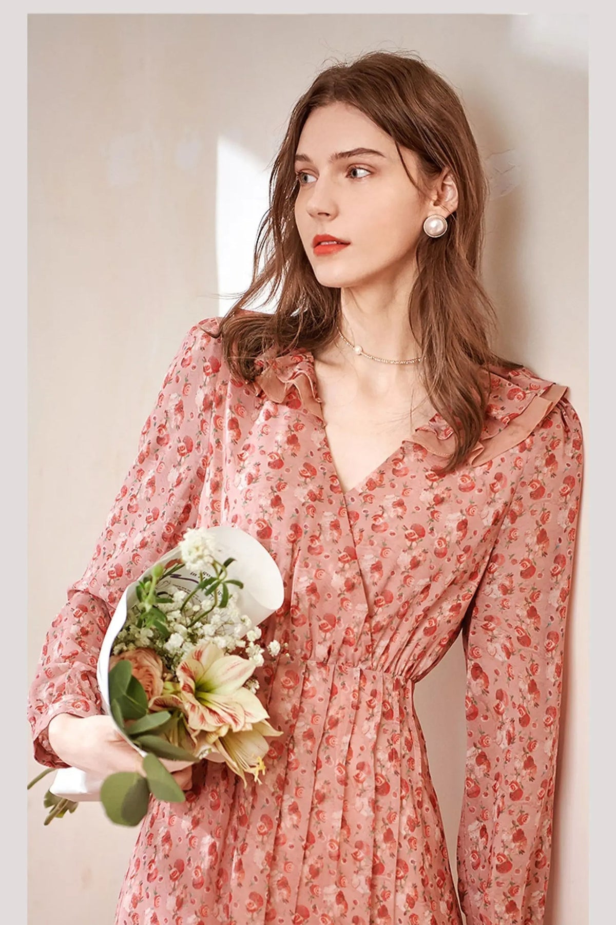 Floral Print Deep V-Neck Ruffle Trim Long Sleeve Midi Dress - View 6