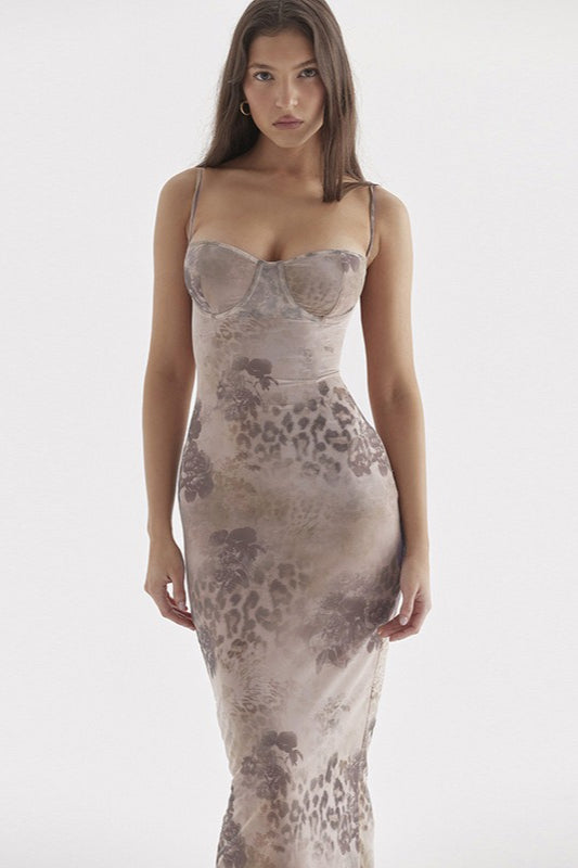 Floral Print Sweetheart Bodycon Maxi Dress