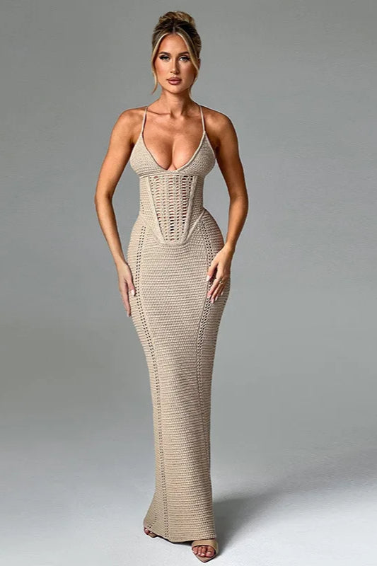 Crochet Knit Plunge Corset Mermaid Maxi Dress