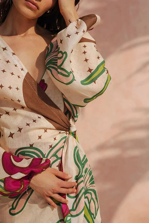 Tracey Linen Blend Unique Print Balloon Sleeve Tie-up Tunic Maxi Dress - Fashionpara