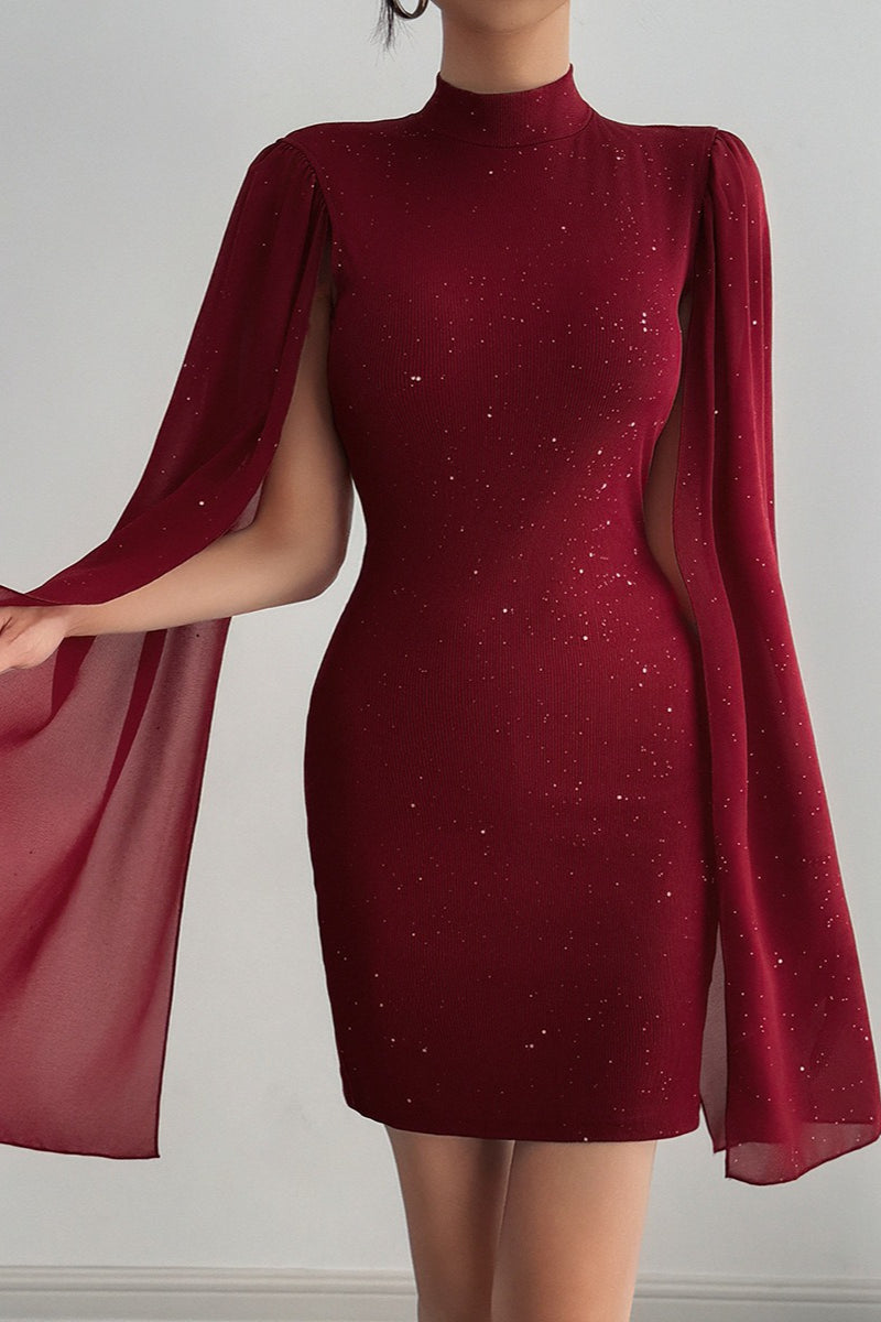 Glitter High-Neck Cape-Sleeve Bodycon Mini Dress