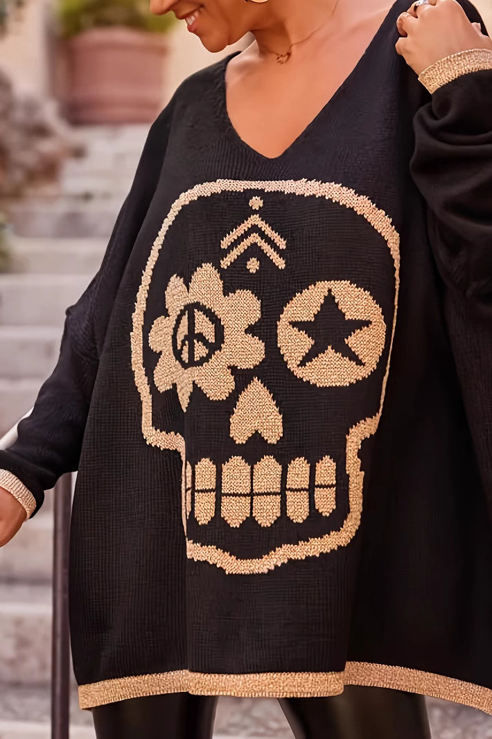 PrincessAce Skull V-Neck Sweater for Spooky Style Fans