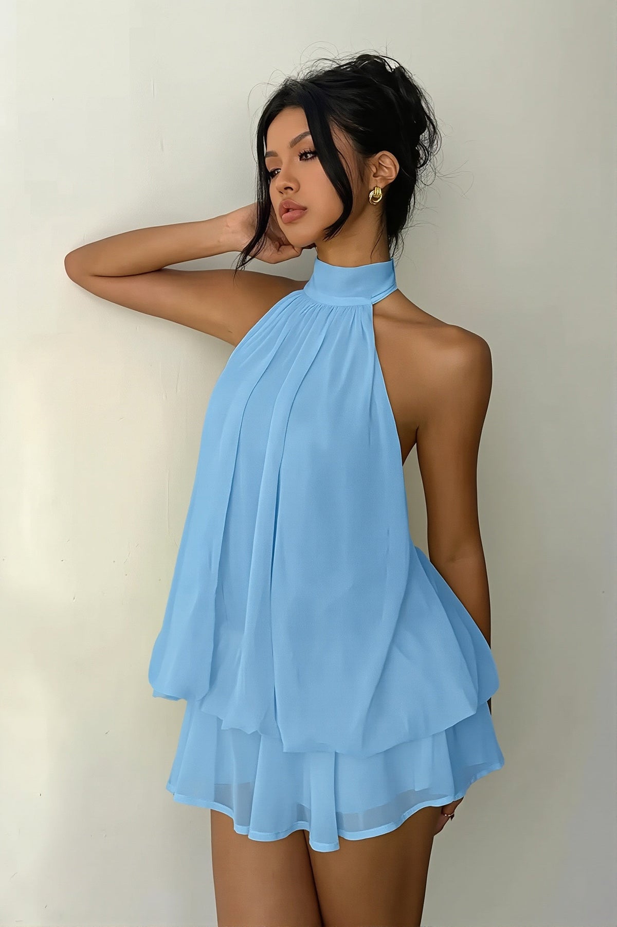 Chiffon Halter Neck Tiered Babydoll Mini Dress