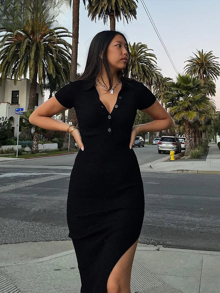 Ribbed Knit Collared Short Sleeve Bodycon Maxi Dress