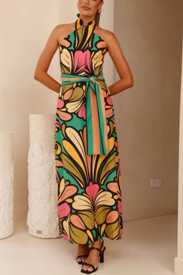 Unique Print Halter Neck Tie Backless Holiday Maxi Dress - Fashionpara