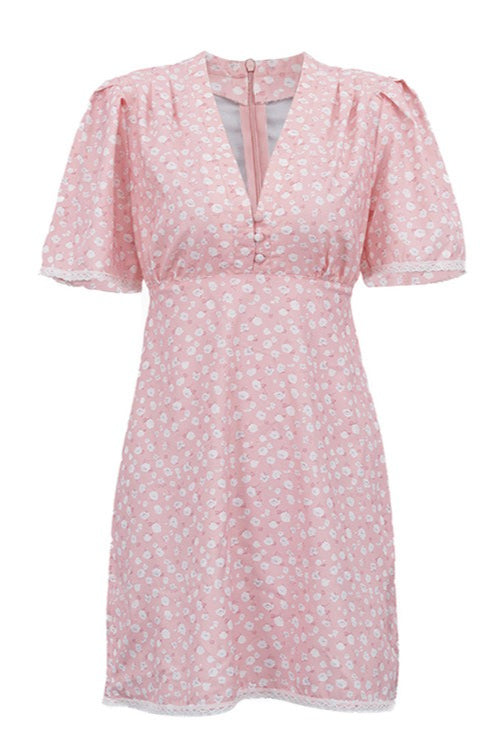 Floral V-Neck Flutter Sleeve Lace Trim Mini Dress
