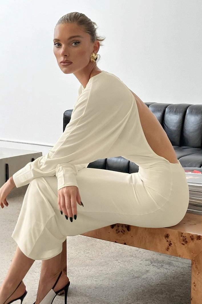 Boat Neck Long Sleeve Draped Cold Shoulder Midi Dress