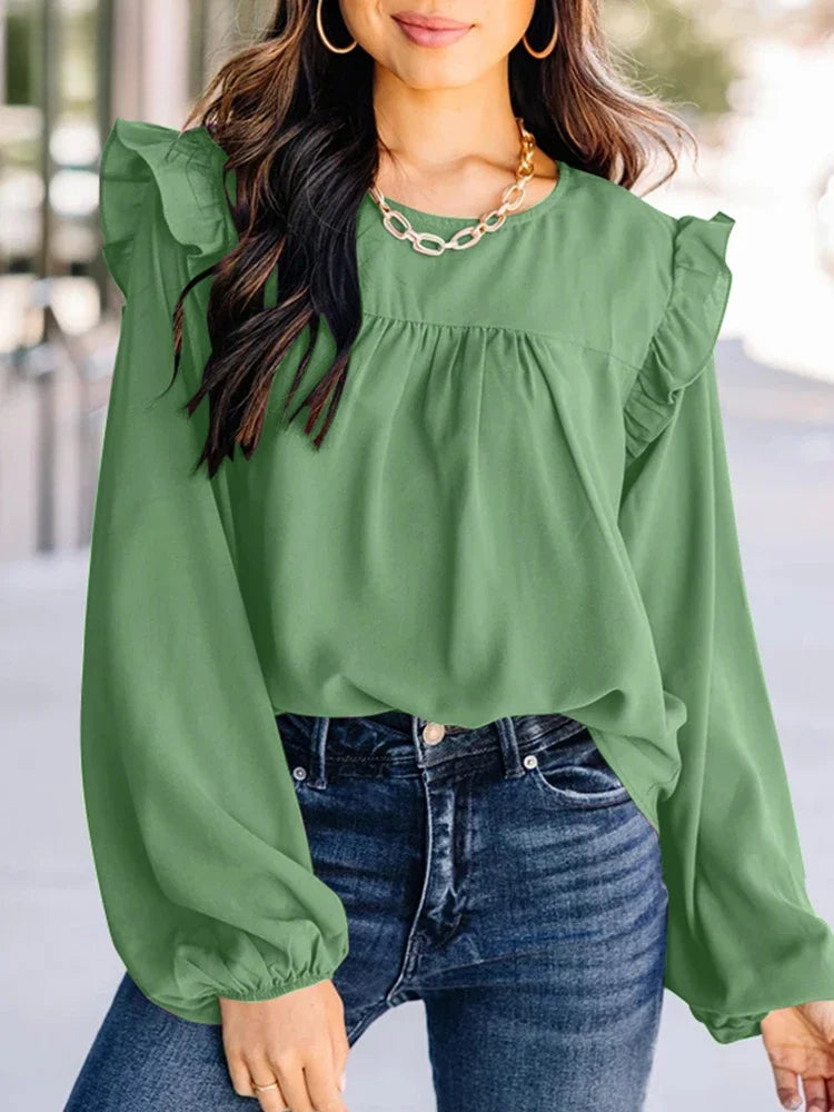 Pleated Front Lantern Sleeve Casual Chic Blouse