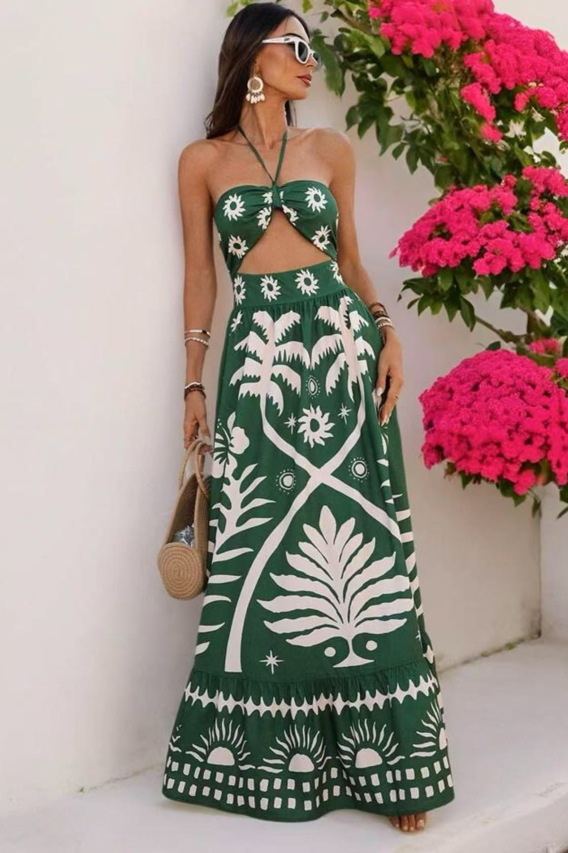 Printed Halter Neck Waist Tie Maxi Dress
