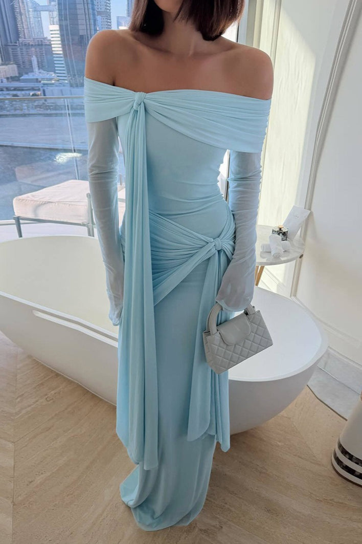 Off Shoulder Long Sleeve Draped Wrap Maxi Gown 2