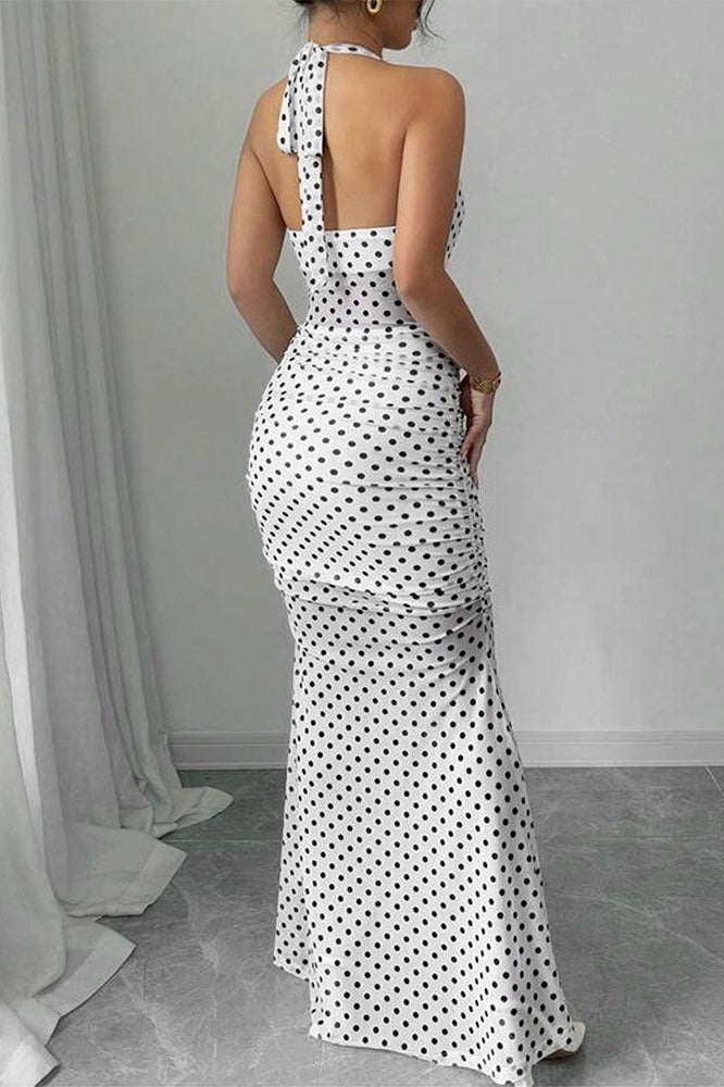 Polka Dot Backless Cami Mesh Maxi Dress - Fashionpara
