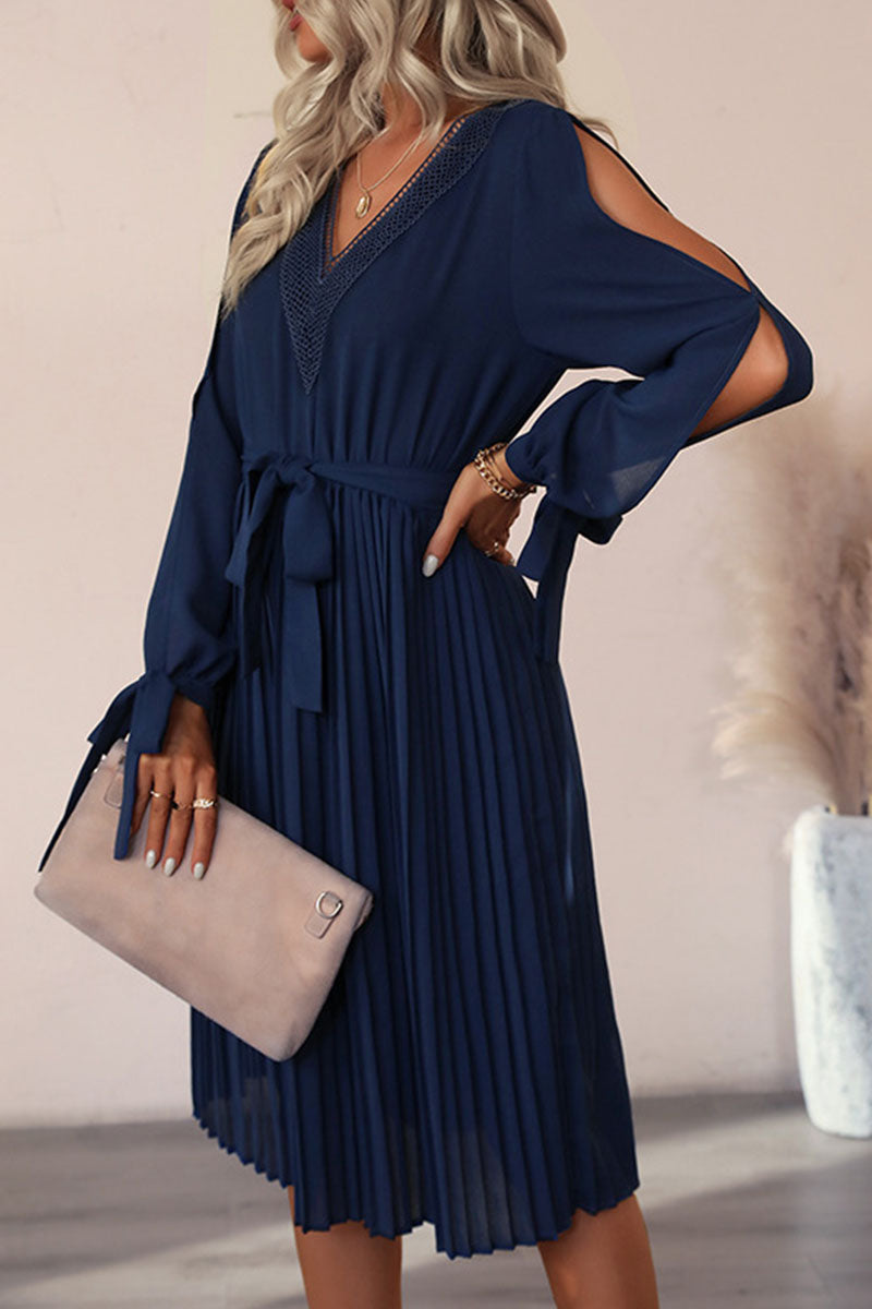 Chiffon Lace Insert V-Neck Cold Shoulder Tie Cuff Midi Dress - View 2