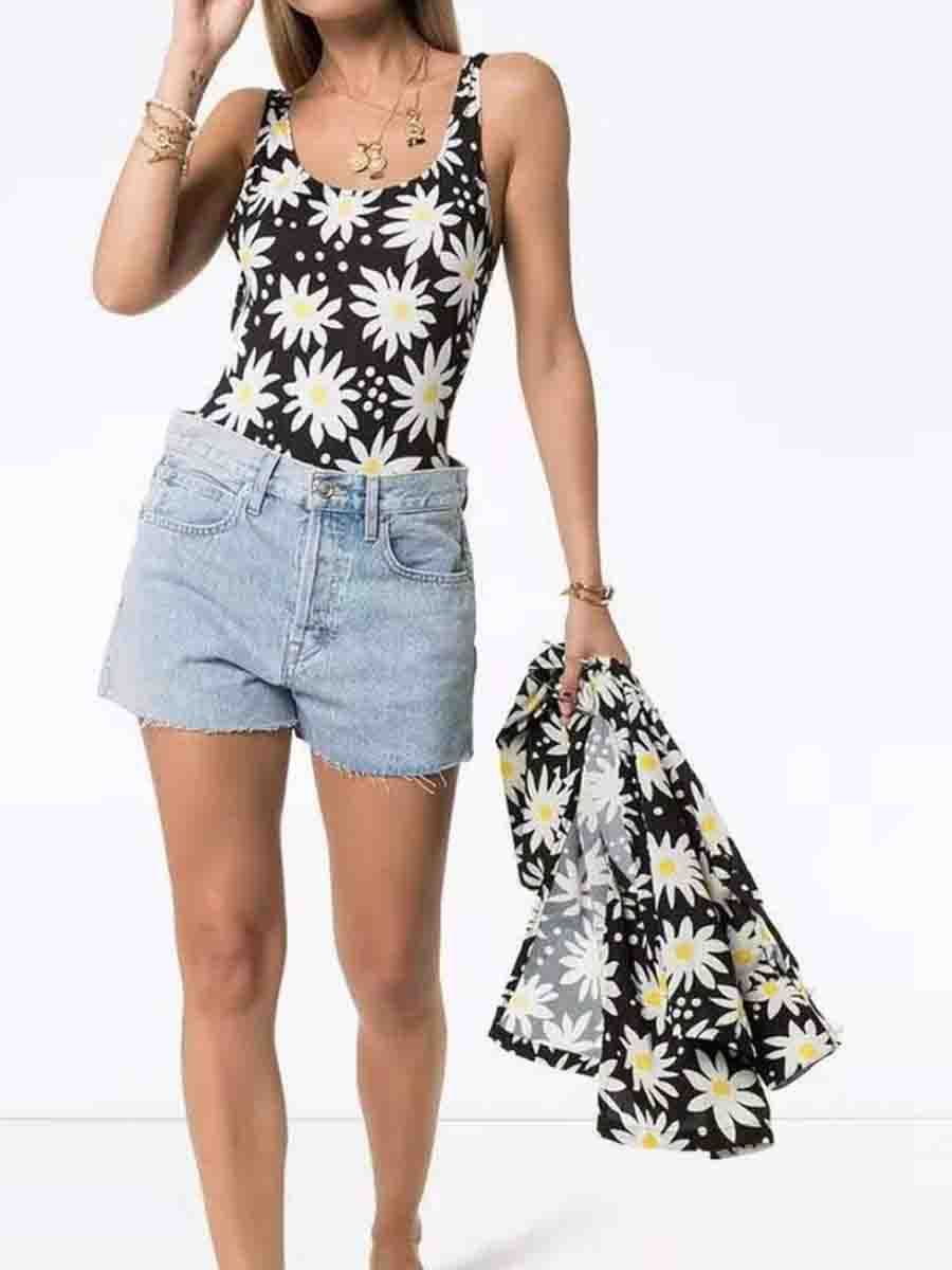 Floral Print Black One-piece Swimsuit - Fashionpara