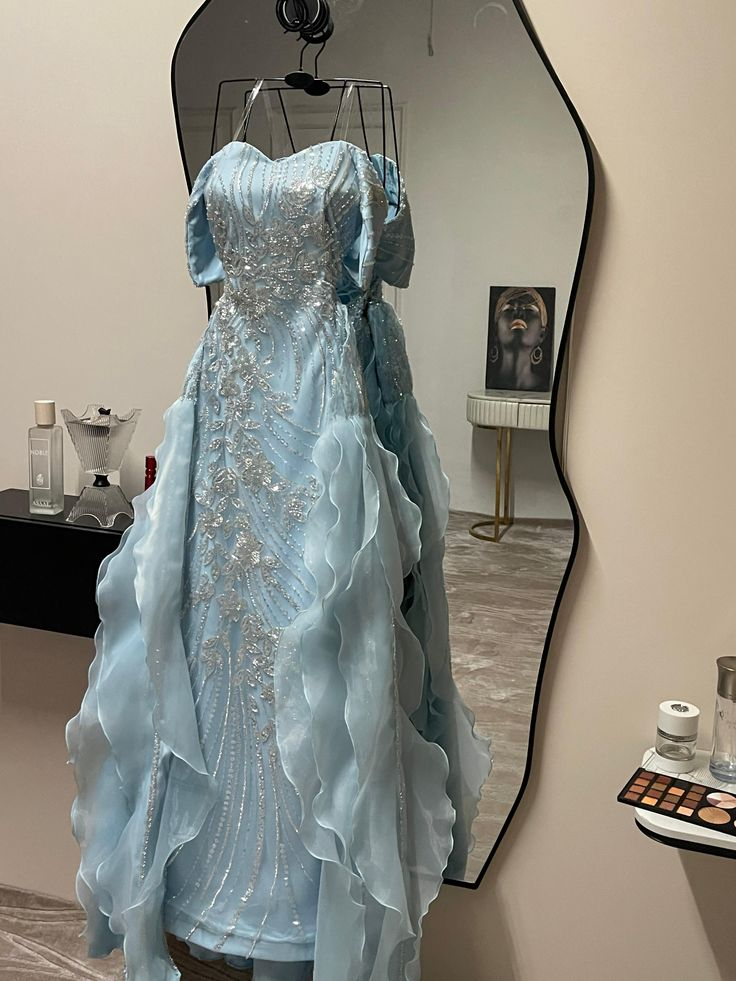 Glamorous Off The Shoulder Blue Satin Sequin Beaded Mermaid Evening Dress Long Prom Gown With Ruffles D1607