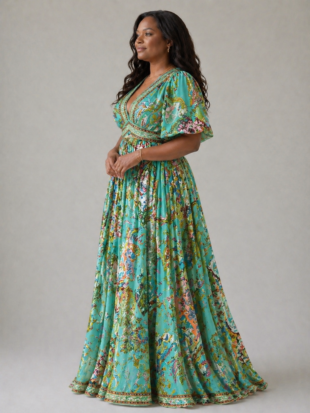 Paisley Print V-Neck Puff Sleeve Maxi Dress 3